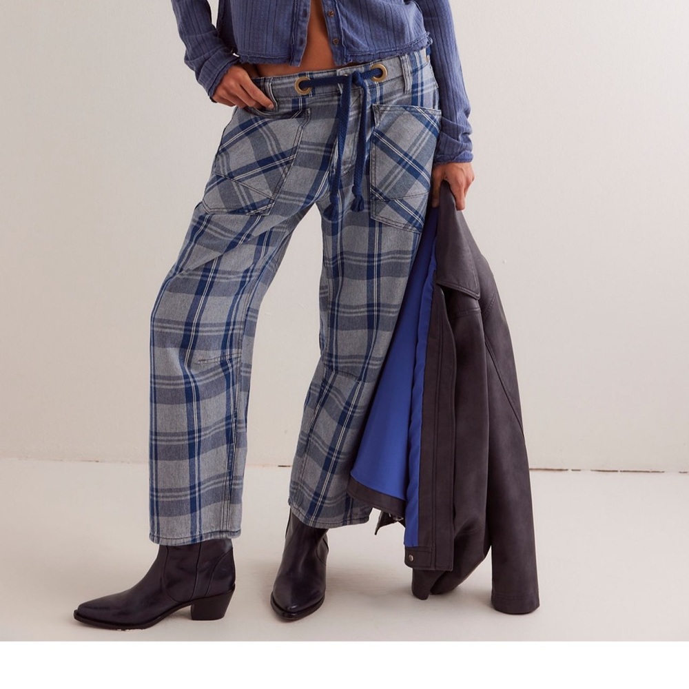 We The Free Blue Plaid Wide-Leg Jeans